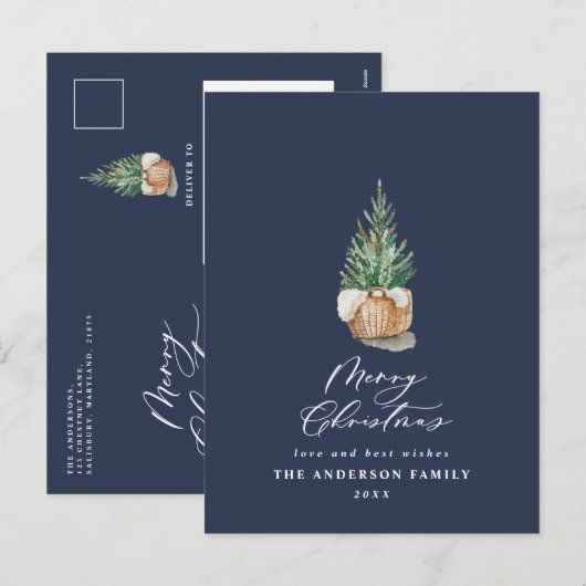 Matig blauw kerstfeest met minimale waterverf feestdagenkaart (Voorkant / Achterkant)