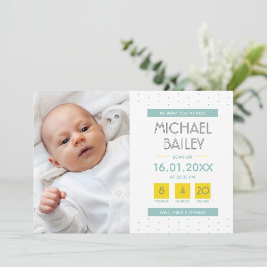 Matig Blauwgroen Yellow Baby Boy Birth Foto Collag Aankondiging (Staand voorkant)