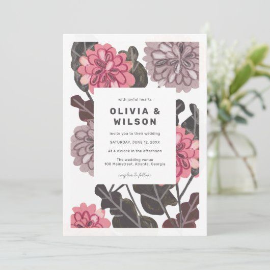 Matig bloeiende steenkool grijs bruin roze bruilof kaart (Staand voorkant)