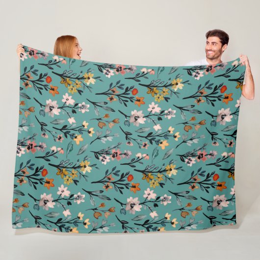 Matig bloempatroon elegant decor blauw fleece deken (In situ)