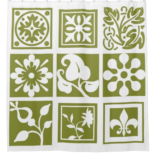 Matig bloemstuk, wit, olijfgroen douchegordijn (Voorkant)
