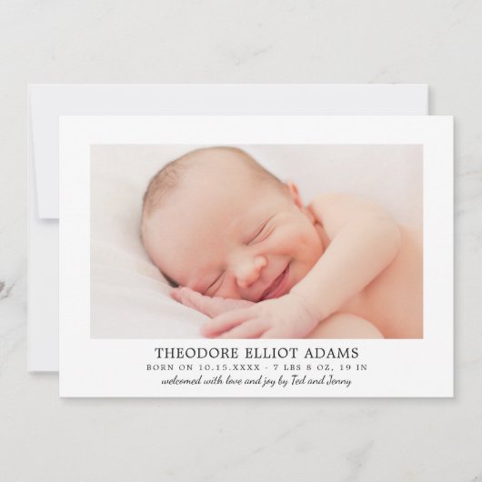 Matig Blush Neutrale Stripes Baby Boy Foto geboort Aankondiging (Voorkant)