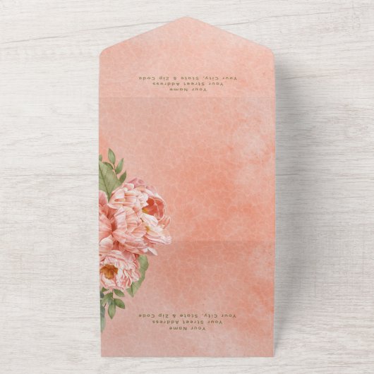 Matig Blush Peach Peonies Floral Dinner All In One Uitnodiging (Buitenkant)