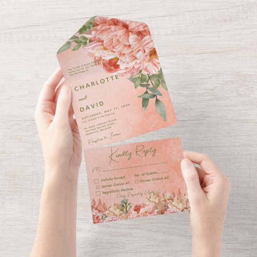 Matig Blush Peach Peonies Floral Dinner All In One Uitnodiging (Afscheurbaar)