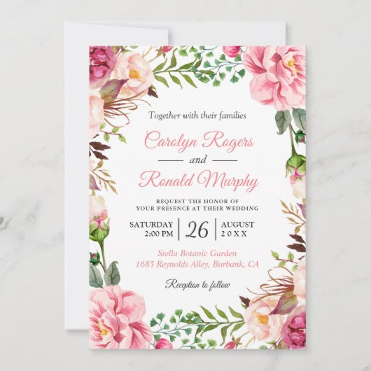 Matig Blush Pink Botanic Floral Wreath Wedding Kaart (Voorkant)