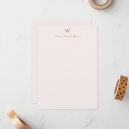 Matig Blush Pink Gold Script Monogram Notitiekaartje (Voorkant / Achterkant in situ)