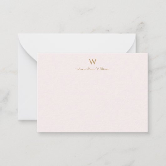 Matig Blush Pink Gold Script Monogram Notitiekaartje (Voorkant)