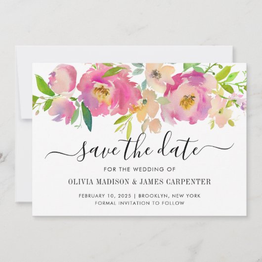 Matig Blush Roze botanische pasta Floral bruiloft Save The Date (Voorkant)