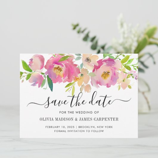 Matig Blush Roze botanische pasta Floral bruiloft Save The Date (Staand voorkant)