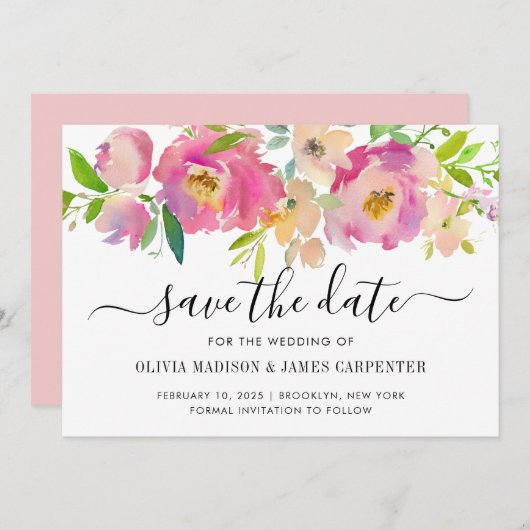 Matig Blush Roze botanische pasta Floral bruiloft Save The Date (Voorkant / Achterkant)