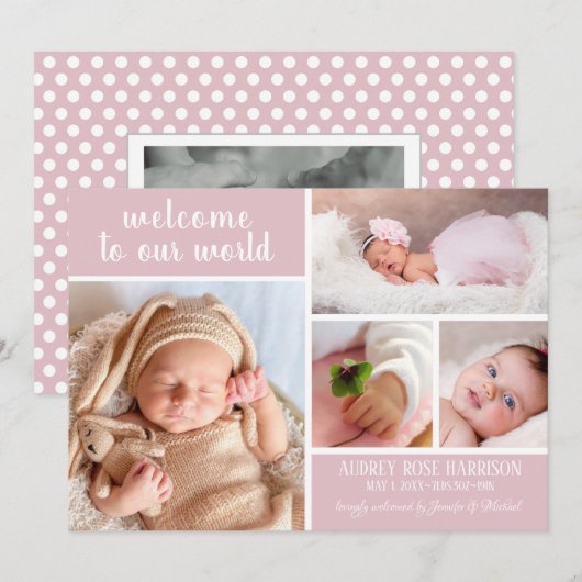 Matig Blush Roze foto Collage Baby Girl geboorte Aankondiging (Voorkant / Achterkant)
