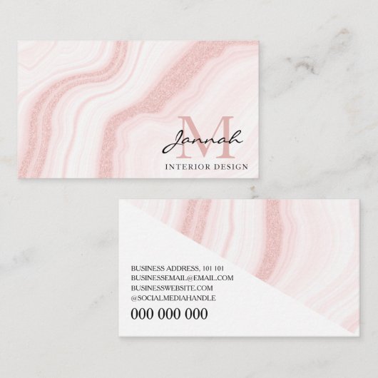 Matig Blush Roze Glitter Marble Agate Monogram Visitekaartje (Voorkant / Achterkant)