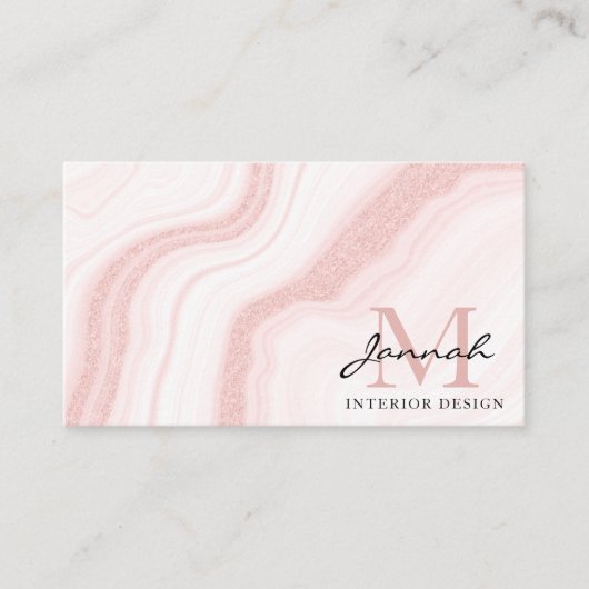 Matig Blush Roze Glitter Marble Agate Monogram Visitekaartje (Voorkant)