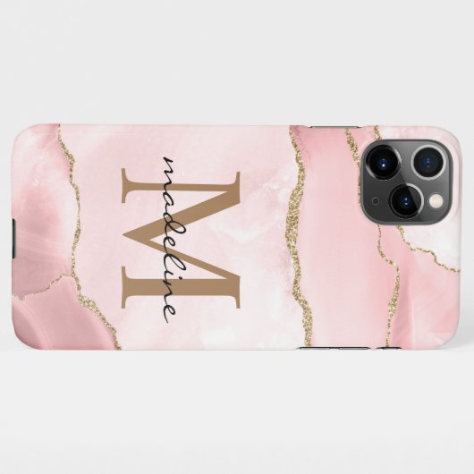 Matig Blush Roze Stone Agate Marble Monogram iPhone Hoesje (Achterkant horizontaal)