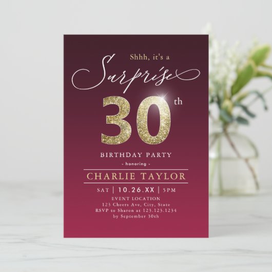 Matig Bourgognig goud verrassing 30e verjaardag Kaart (Staand voorkant)