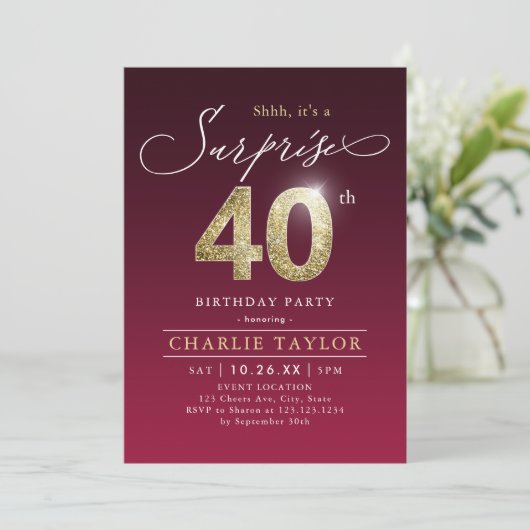 Matig Bourgognig goud verrassing 40e verjaardag Kaart (Staand voorkant)