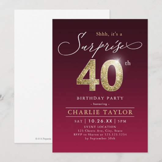 Matig Bourgognig goud verrassing 40e verjaardag Kaart (Voorkant / Achterkant)