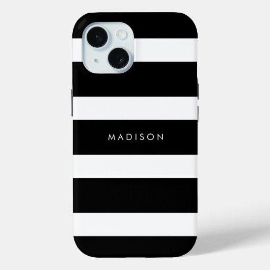Matig breedband zwart-wit Stripes Name Monongram Case-Mate iPhone Case (Achterkant)