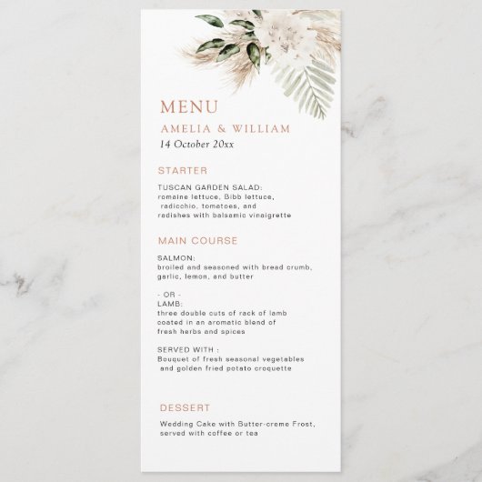 Matig bruin pampas trouwmenu menu (Voorkant)