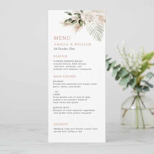 Matig bruin pampas trouwmenu menu (Staand voorkant)