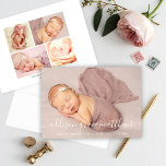 Matig Calligrafie Baby Girl Fotocollage geboorte Aankondiging<br><div class="desc">Elegante en minimalistische foto geboorte aankondigingskaart introduceert uw mooie pasgeboren baby meisje met een landschapsfoto op de voorkant en een eenvoudige fotocollage op de achterkant. Personaliseer het moderne witte handgeschreven kalligrafiescript met de volledige naam van de baby en pas de resterende tekst aan met alle belangrijke geboortestatistieken.</div>