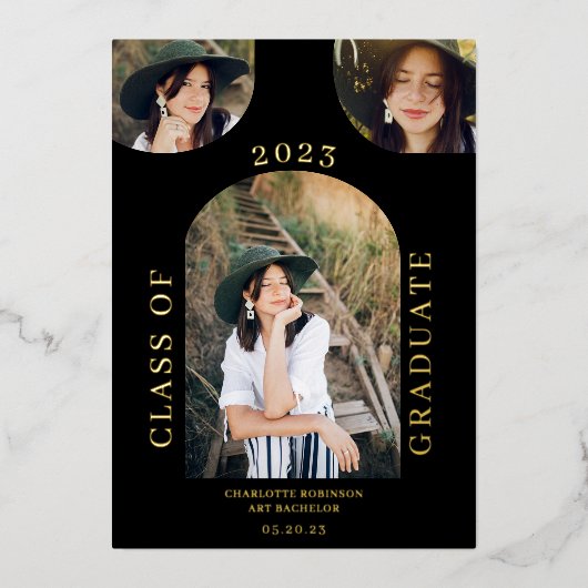 Matig chic boho arch zwart 4 foto-afstuderen folie uitnodiging (Voorkant)