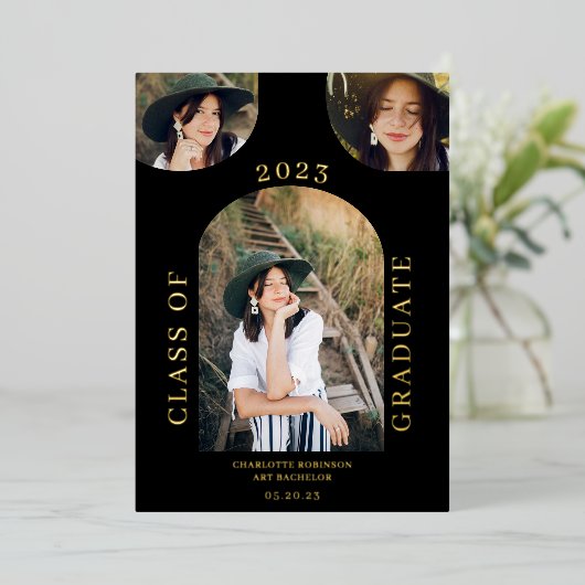 Matig chic boho arch zwart 4 foto-afstuderen folie uitnodiging (Staand Voorkant)