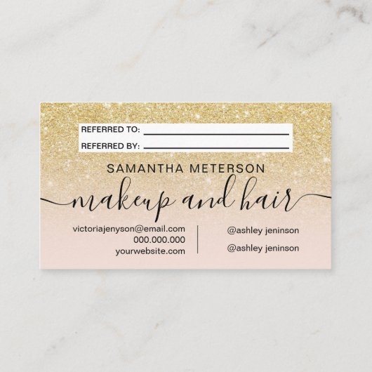 Matig chic gold glitter blush ombre professional aanbevelingskaartje (Achterkant)