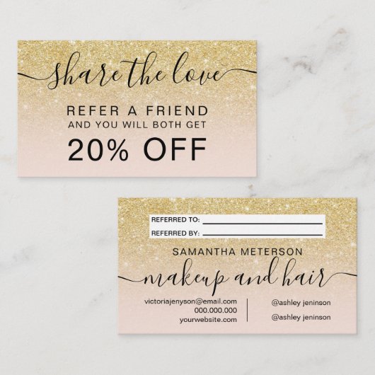 Matig chic gold glitter blush ombre professional aanbevelingskaartje (Voorkant / Achterkant)