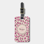 Matig chic roze cheetah printpatroon monogram bagagelabel (Voorkant verticaal)