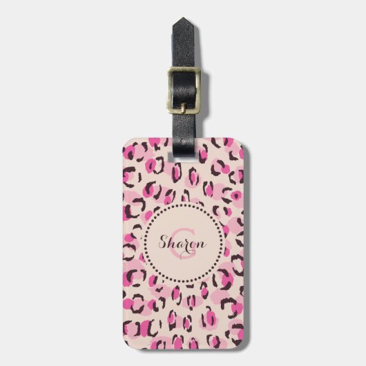 Matig chic roze cheetah printpatroon monogram bagagelabel (Voorkant verticaal)