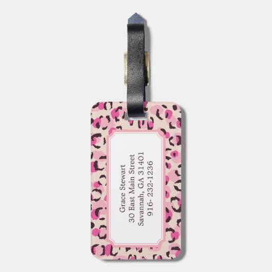 Matig chic roze cheetah printpatroon monogram bagagelabel (Achterkant verticaal)