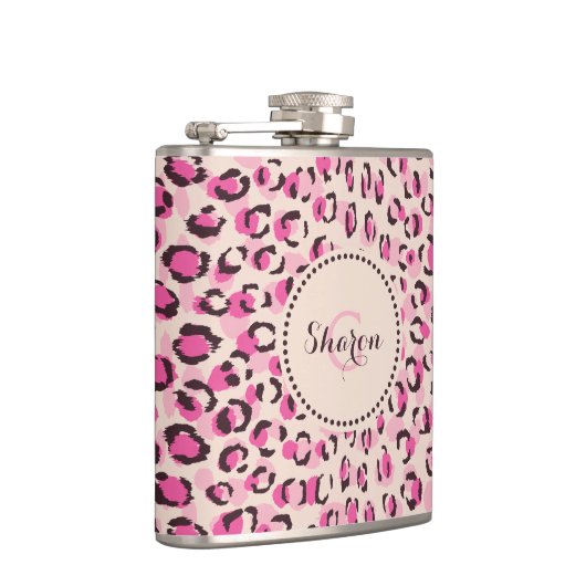 Matig chic roze cheetah printpatroon monogram heupfles (Rechts)