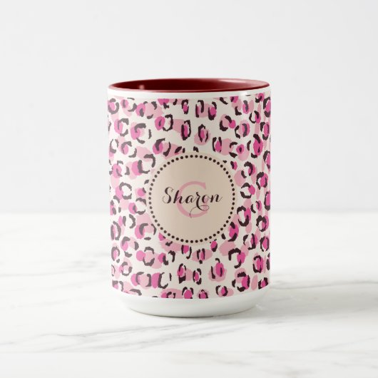 Matig chic roze cheetah printpatroon monogram mok (Midden)