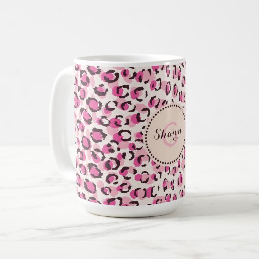 Matig chic roze cheetah printpatroon monogram mok (Voorkant links)