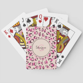 Matig chic roze cheetah printpatroon monogram pokerkaarten