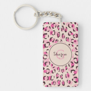 Matig chic roze cheetah printpatroon monogram sleutelhanger