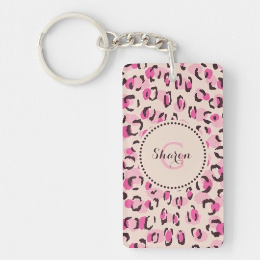 Matig chic roze cheetah printpatroon monogram sleutelhanger (Voorkant)