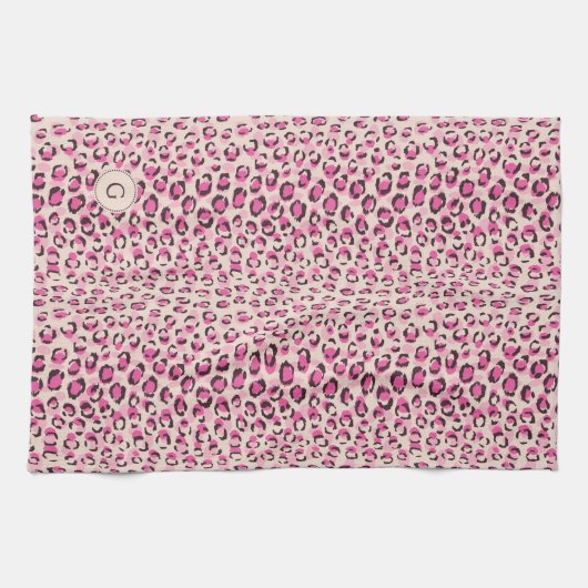 Matig chic roze cheetah printpatroon monogram theedoek (Horizontaal)