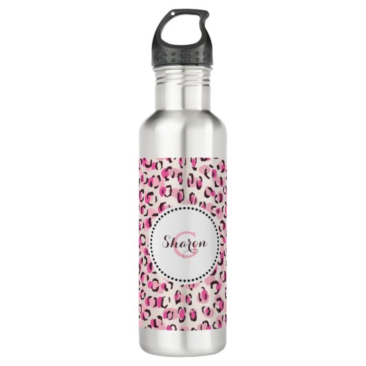 Matig chic roze cheetah printpatroon monogram waterfles  (Voorkant)