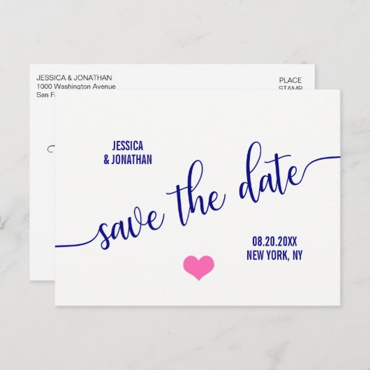 Matig Classy Navy Blue Pink Wedding SAVE DATUM Aankondigingskaart (Voorkant / Achterkant)