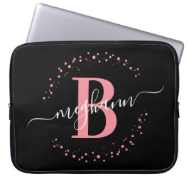 Matig eenvoudig 'Girly Pink Black Monogram script Laptop Sleeve