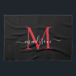 Matig Elegant Black Red Burgundy Monogram script Theedoek<br><div class="desc">Modern Elegant Black Burgundy Maroon Red Monogram Naam Kitchen Towel</div>