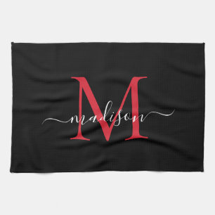 Matig Elegant Black Red Burgundy Monogram script Theedoek