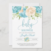 Matig elegant blauwgroen en crème floreel baby sho kaart (Voorkant)