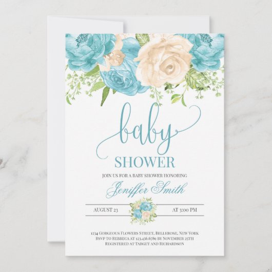 Matig elegant blauwgroen en crème floreel baby sho kaart (Voorkant)
