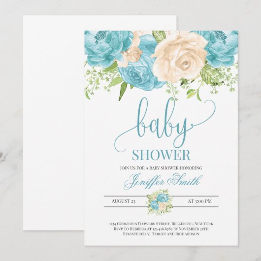 Matig elegant blauwgroen en crème floreel baby sho kaart (Voorkant / Achterkant)