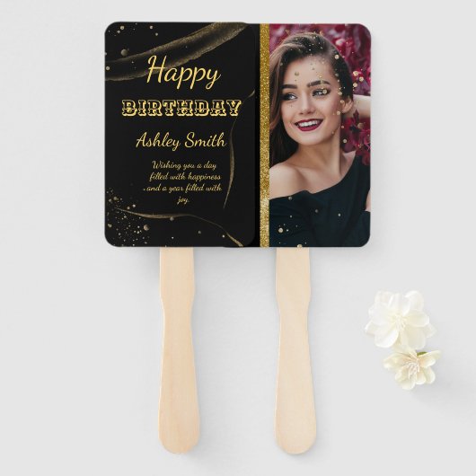 Matig elegant chic black en goudzoet 16 hand f handwaaier (Voorkant en achterkant)