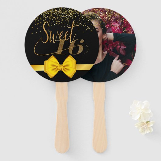 Matig elegant chic black en goudzoet 16 hand f handwaaier (Voorkant en achterkant)