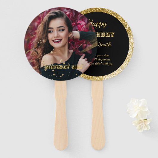 Matig elegant chic black en goudzoet 16 handwaaier (Voorkant en achterkant)